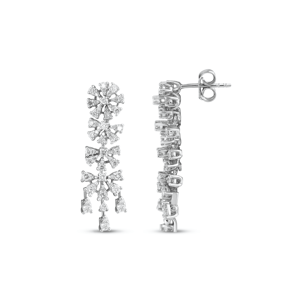 Natural diamond flower chandelier drop earring in 14K white gold from the front and the side, showing the post and butterfly back
