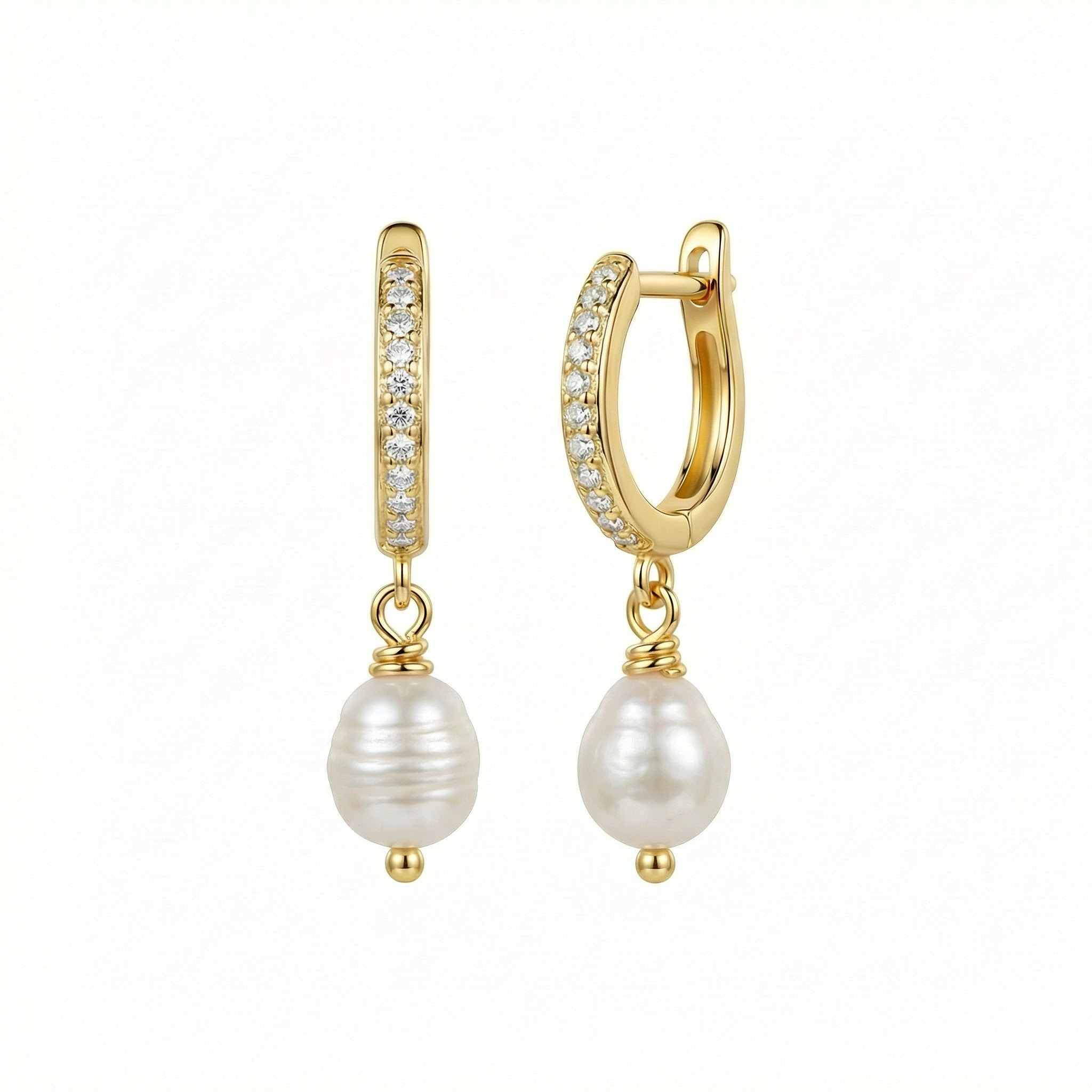 Pavé Pearl Hoop Earrings in 18K Gold Vermeil with Freshwater Pearl and CZ Diamond. No green marks, perfect for daily wear.