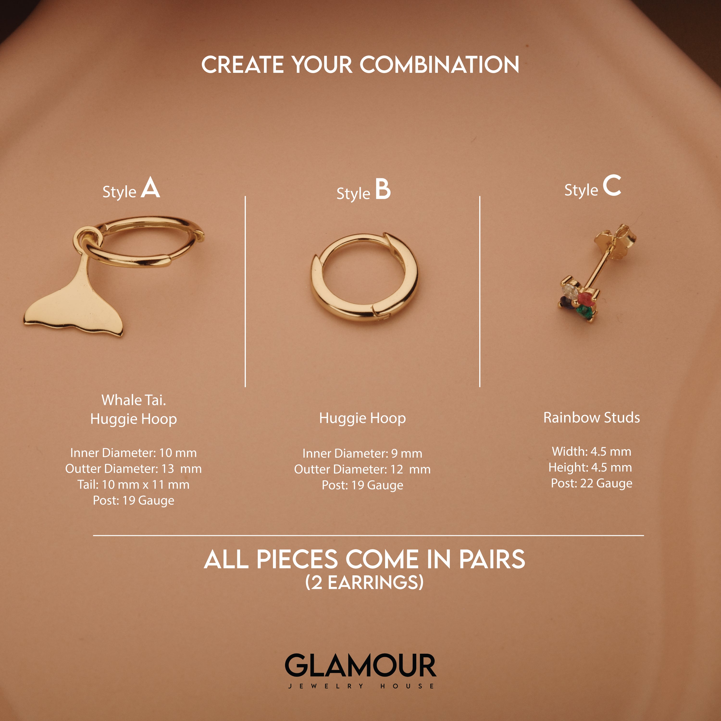 Whale Tail Rainbow Stud Combo Earring Set - 18k Gold Vermeil