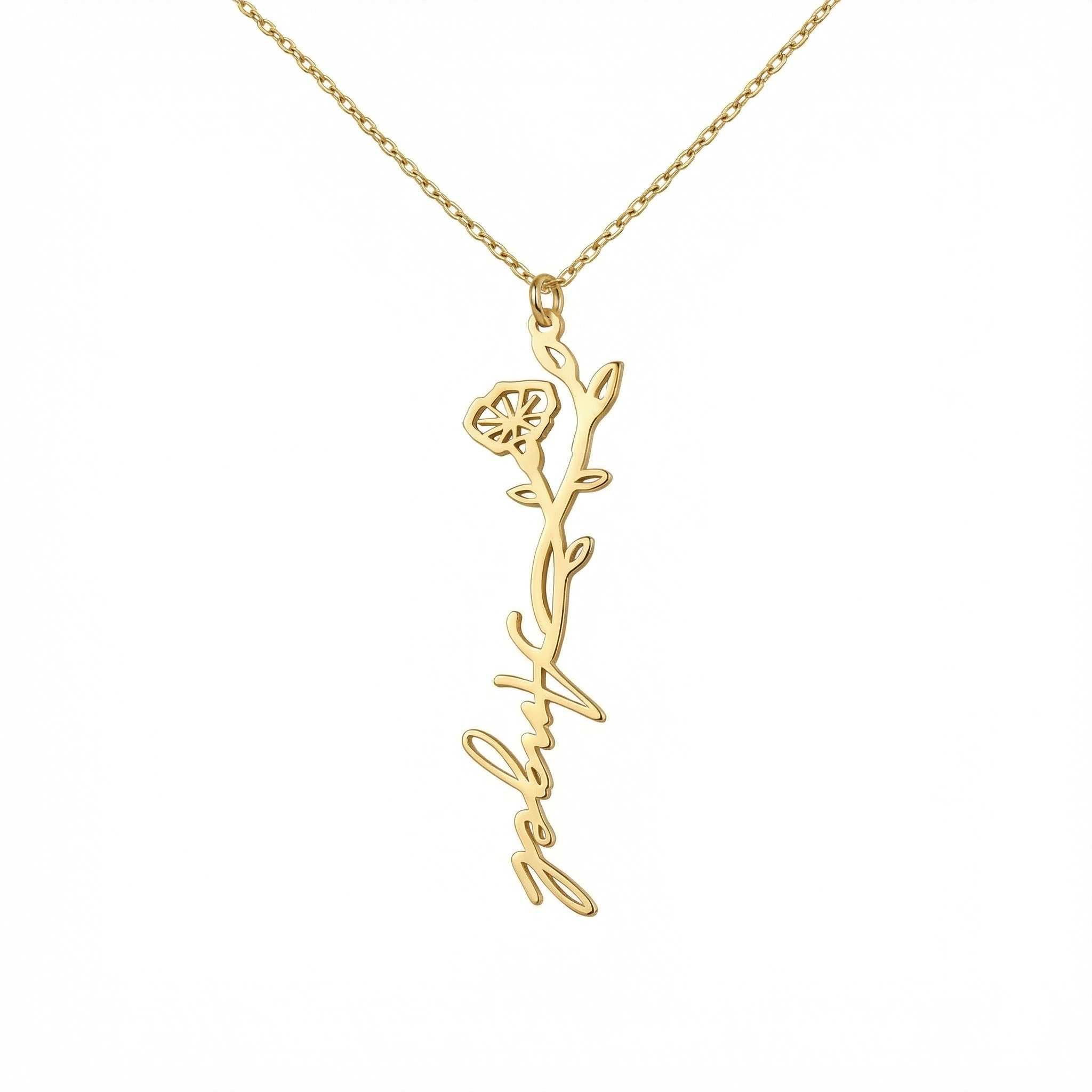 Birth Flower Name Necklace in 18K Gold Vermeil. Tarnish-resistant, perfect for daily wear.