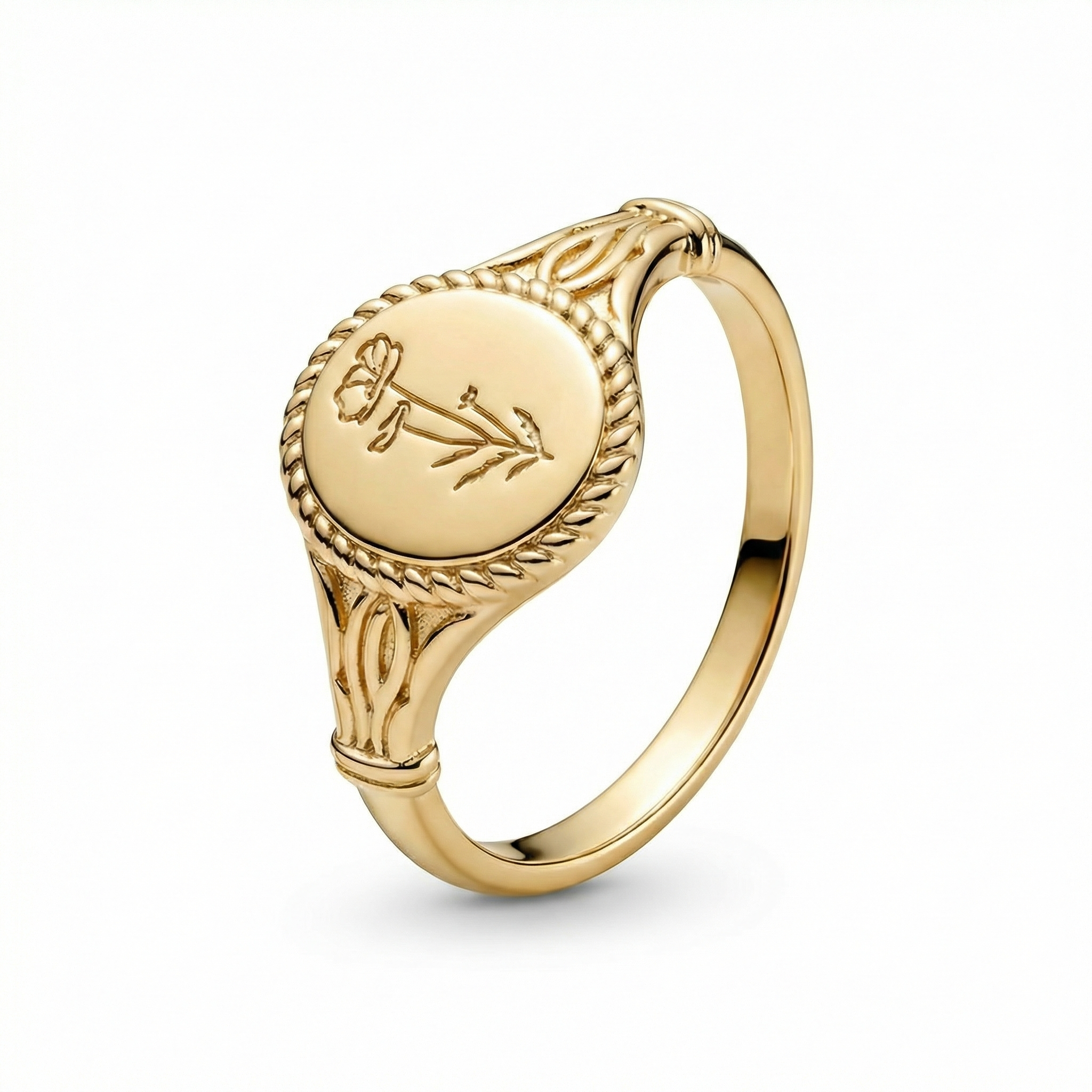 Birth Flower Signet Ring in 18K Gold Vermeil. Tarnish-resistant, perfect for daily wear.