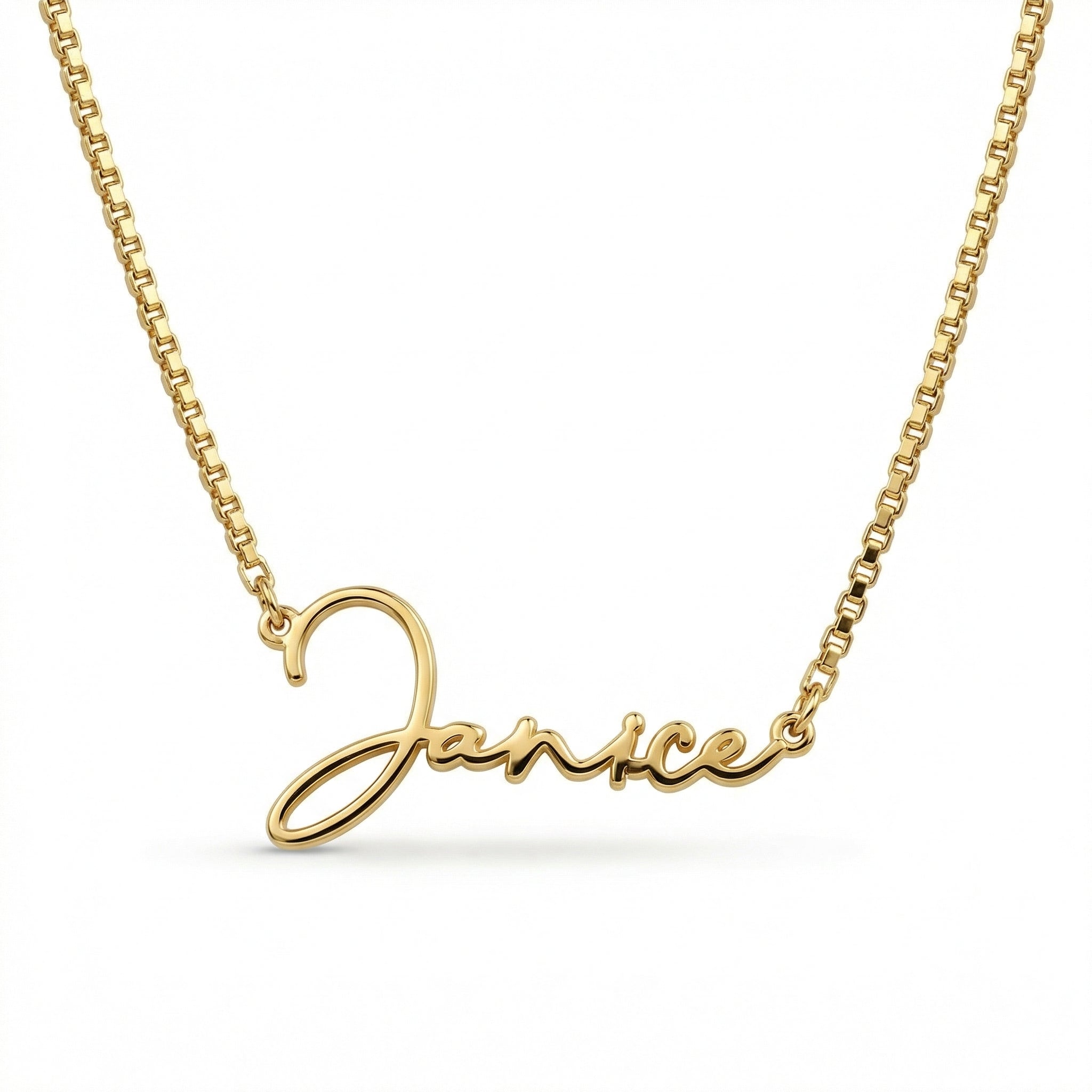 Box Chain Name Necklace in 18K Gold Vermeil. Tarnish-resistant, perfect for daily wear.