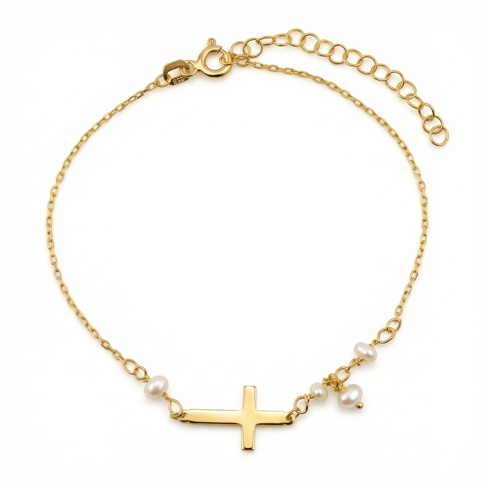 Cross Bracelet with Freshwater Pearls in 18K Gold Vermeil with Freshwater Pearl. Tarnish-resistant, perfect for daily wear.