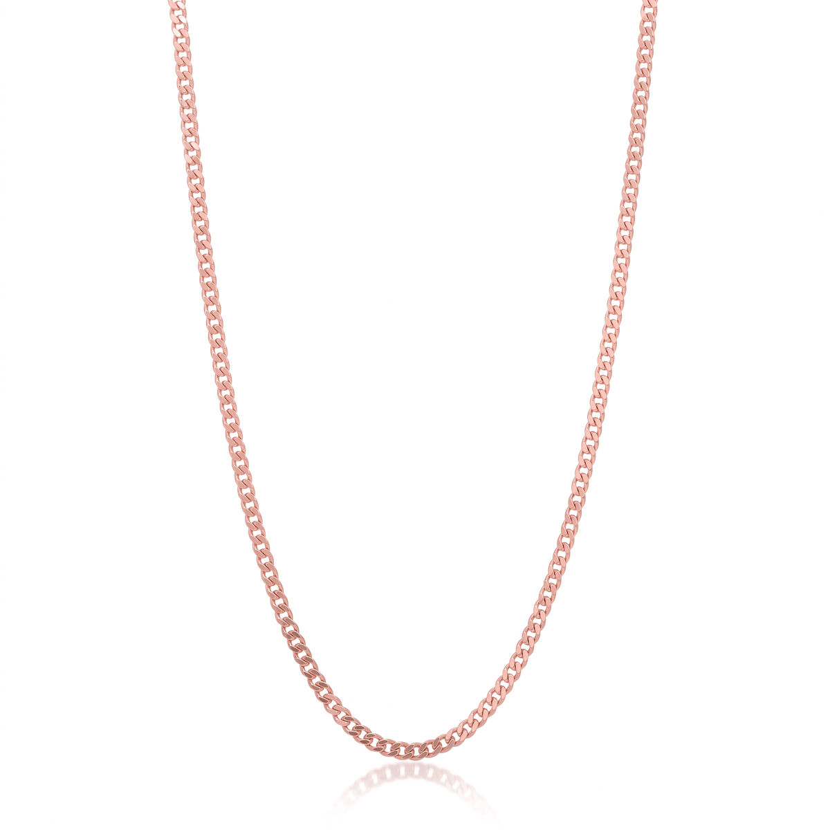 Rose gold curb chain necklace, 3 mm flat curb link chain on white background