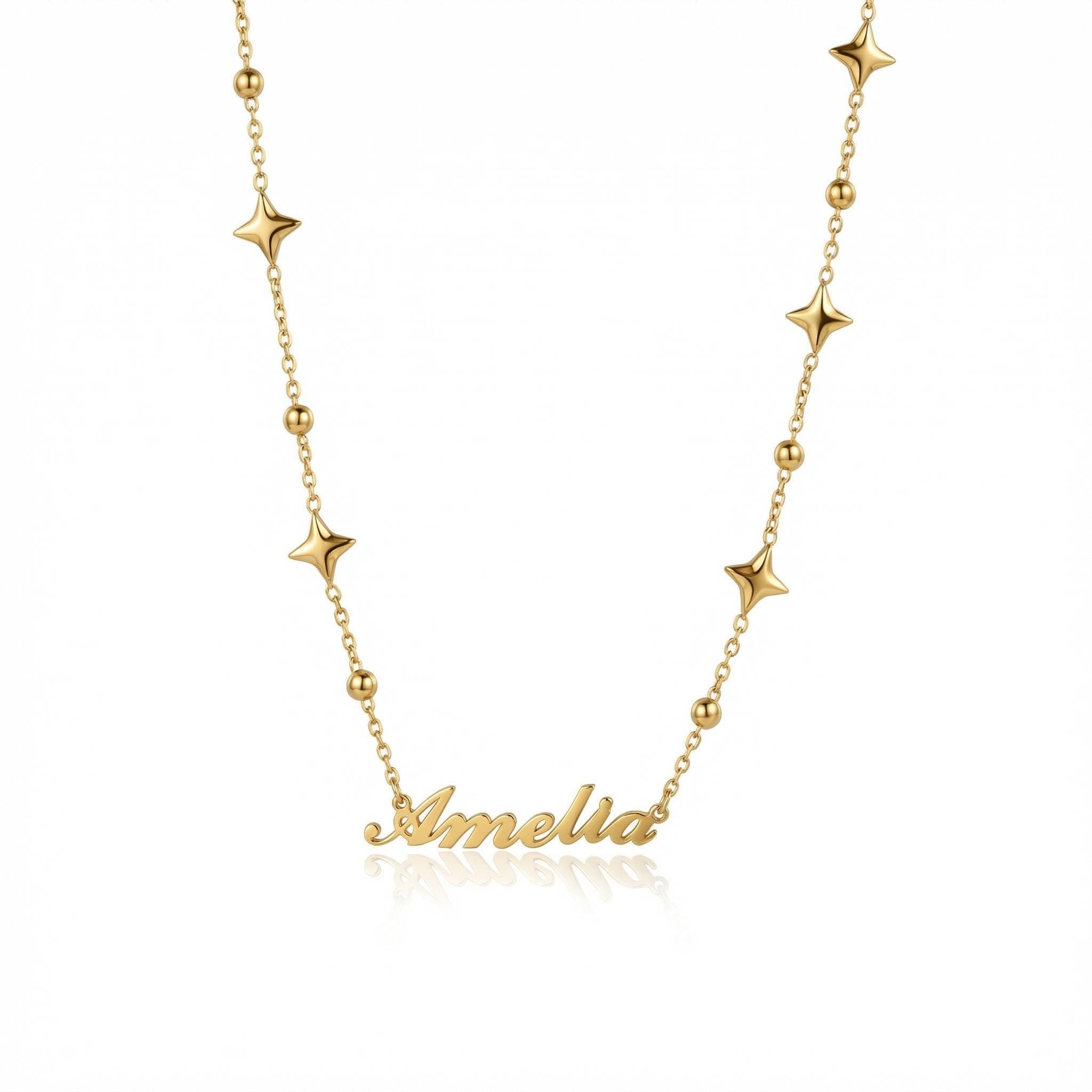 Custom Name Necklace with Star Charms in Gold-Plated Steel. Tarnish-resistant, perfect for daily wear.