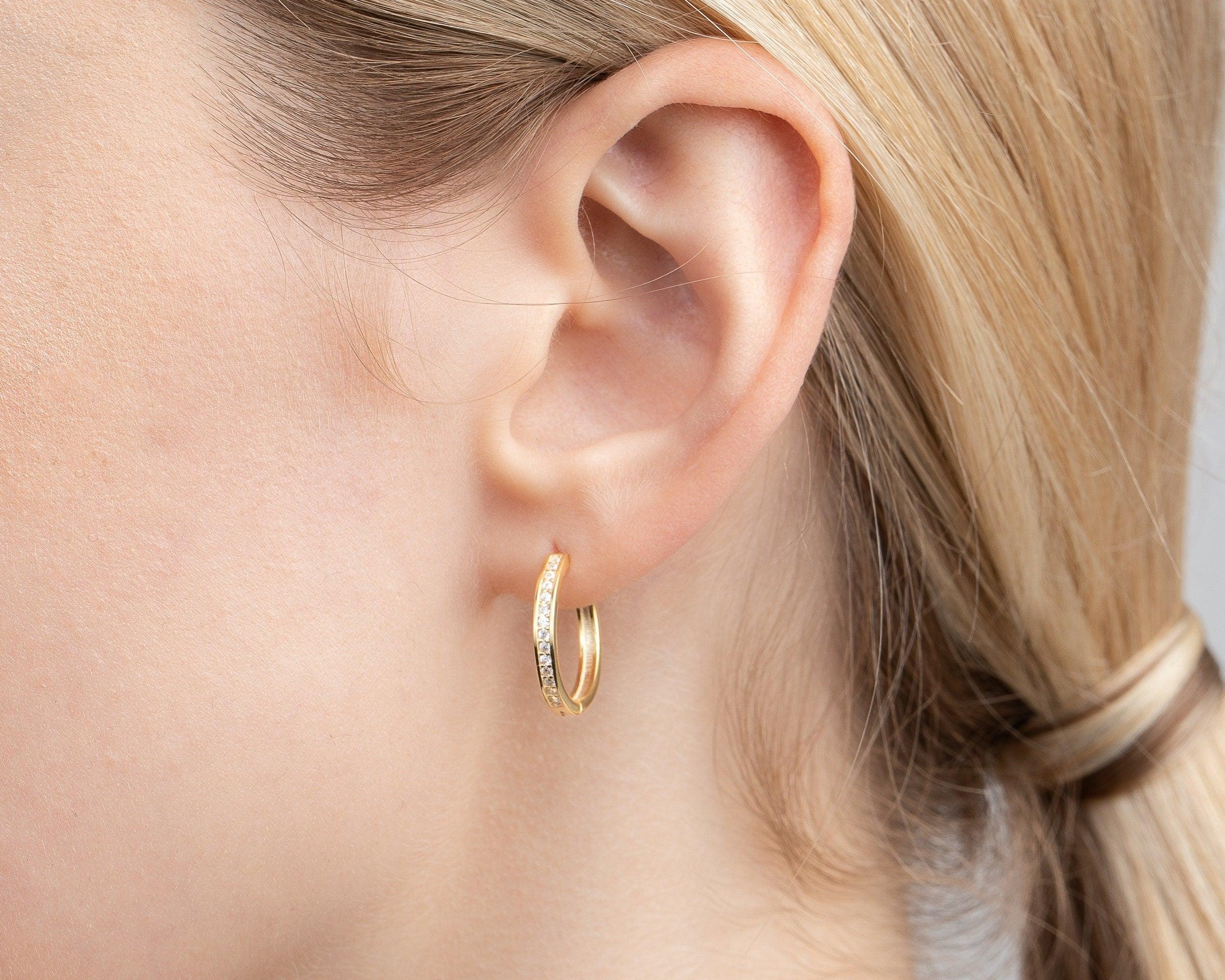 Close detail of the Dainty Pavé Hoop Earrings in 18K Gold Vermeil with CZ Diamond. Tarnish-resistant, premium handmade.
