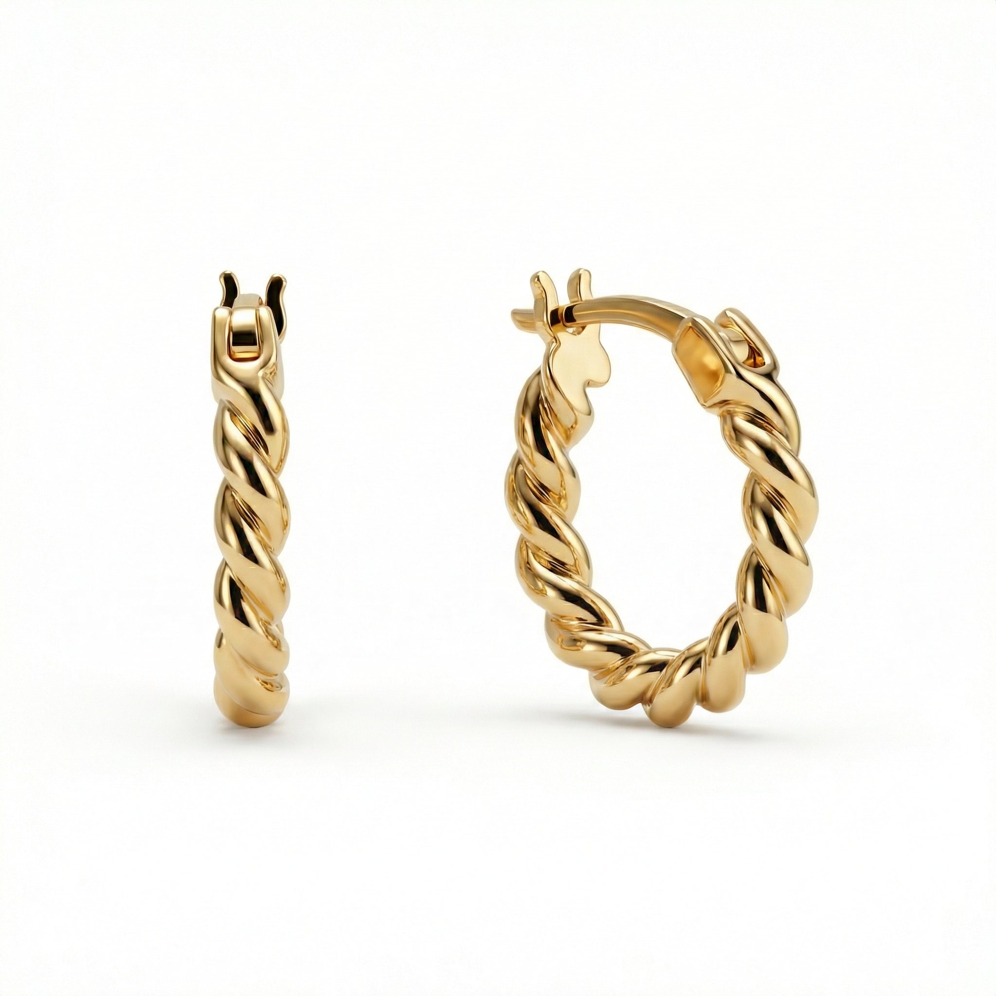 Dainty Twisted Hoop Earrings in 18K Gold Vermeil. No green marks, perfect for daily wear.