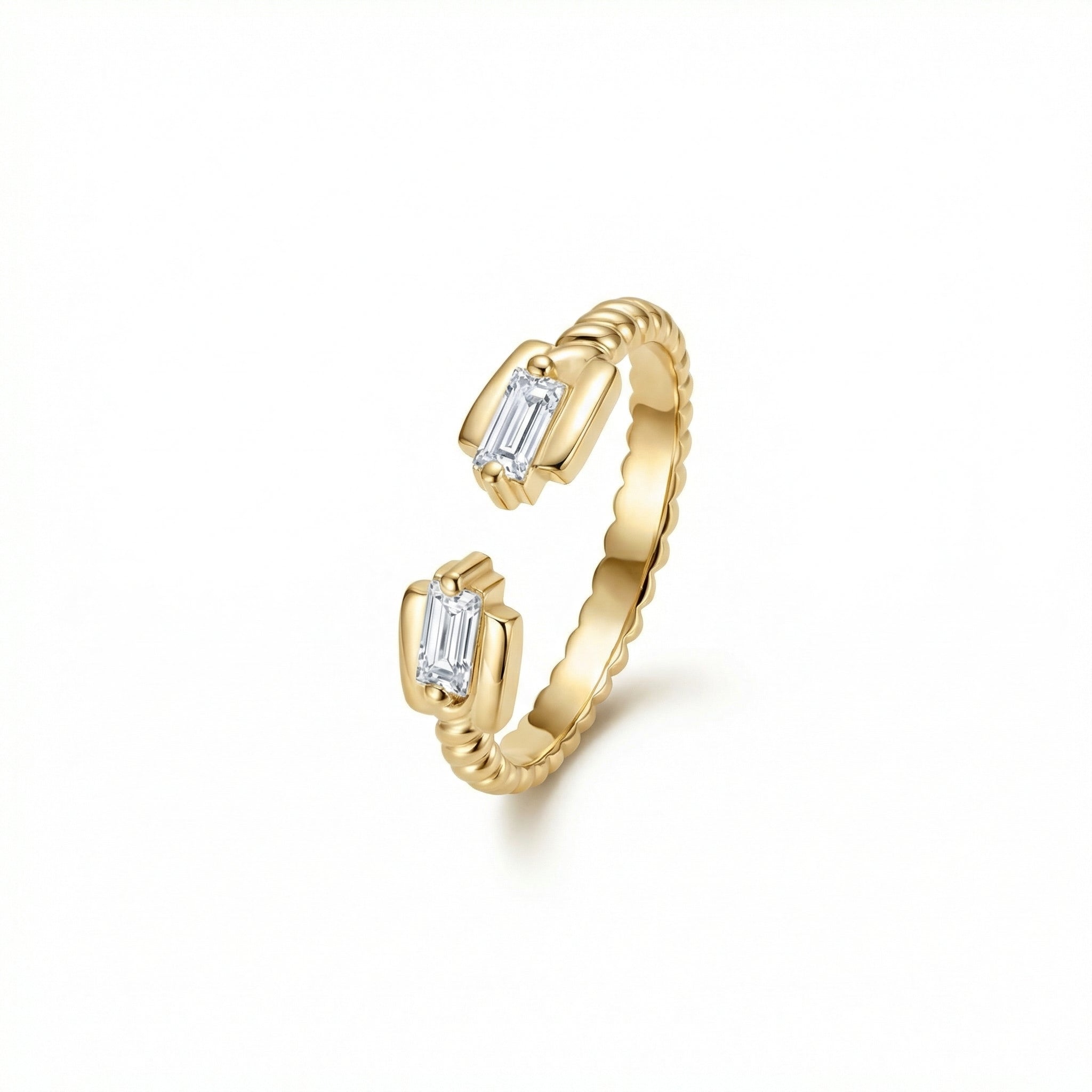 Double Baguette Diamond Ring in 18K Gold Vermeil with CZ Diamond. Tarnish-resistant, perfect for daily wear.