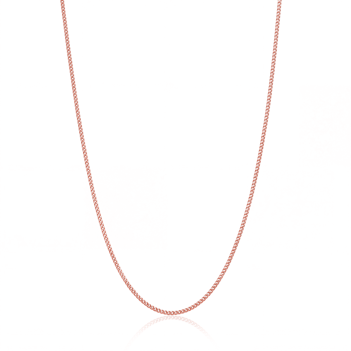 Rose gold fine curb chain necklace, 1.5 mm flat curb chain on white background