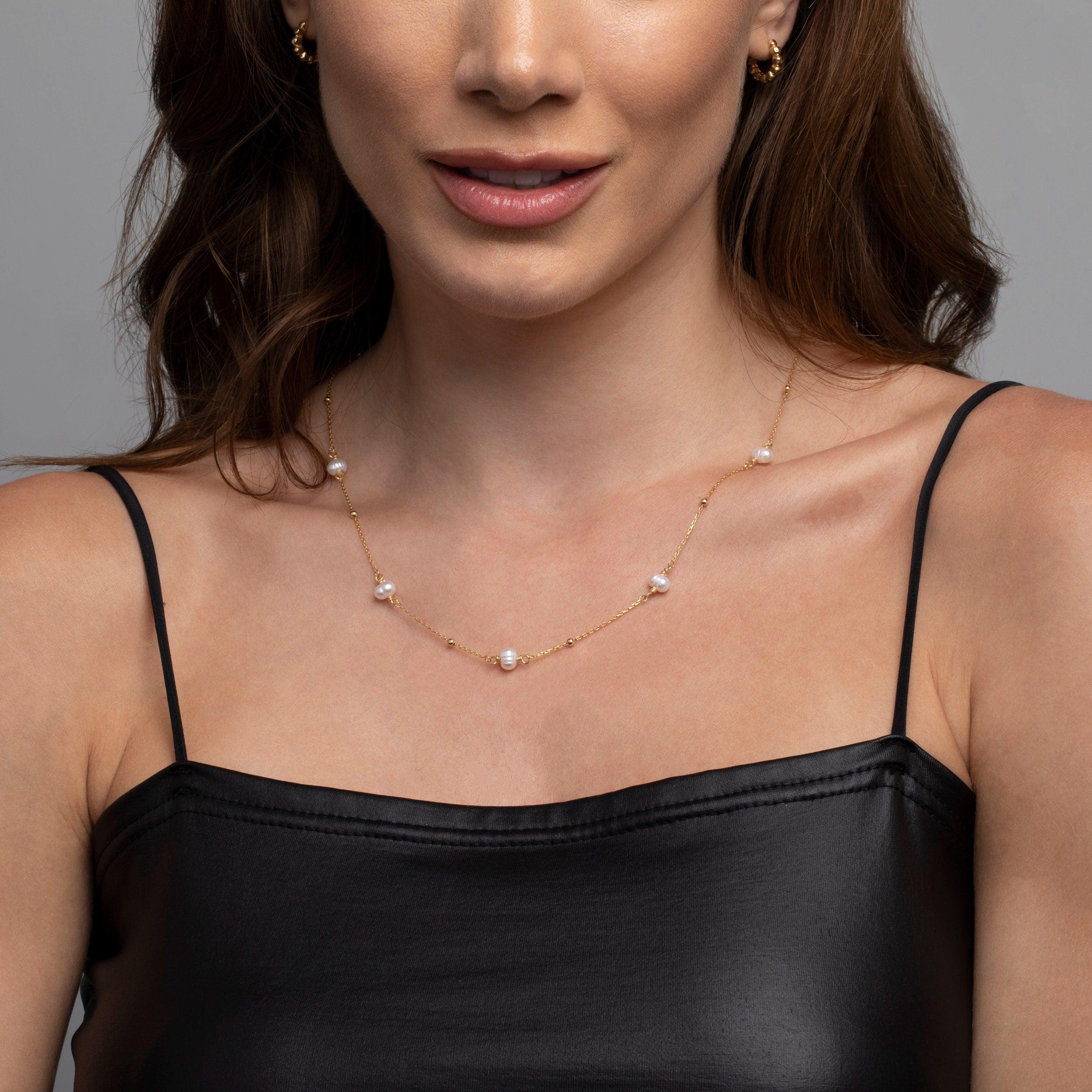 Close detail of the Freshwater Pearl Satellite Necklace in 18K Gold Vermeil with Freshwater Pearl. Hypoallergenic, no green.