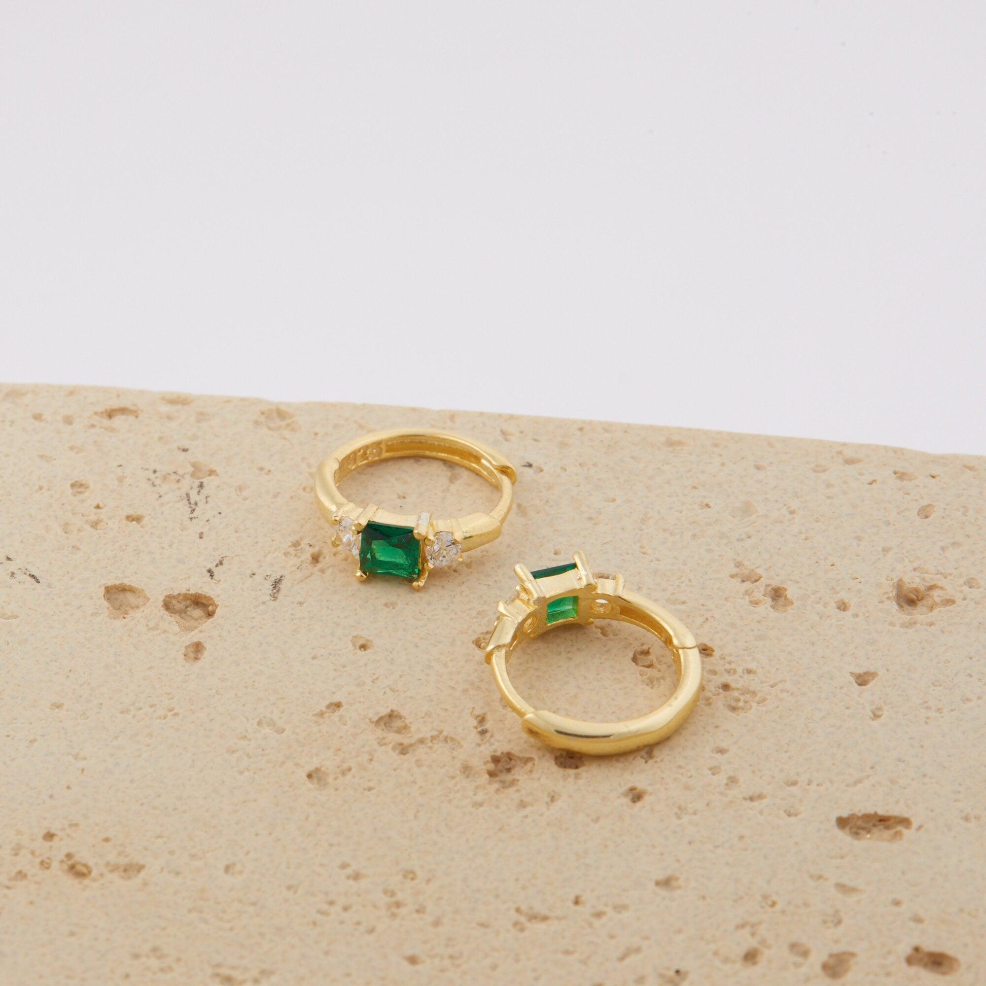 Emerald Hoop Dangle Earrings - 18K Gold Vermeil - Glamour Jewelry House