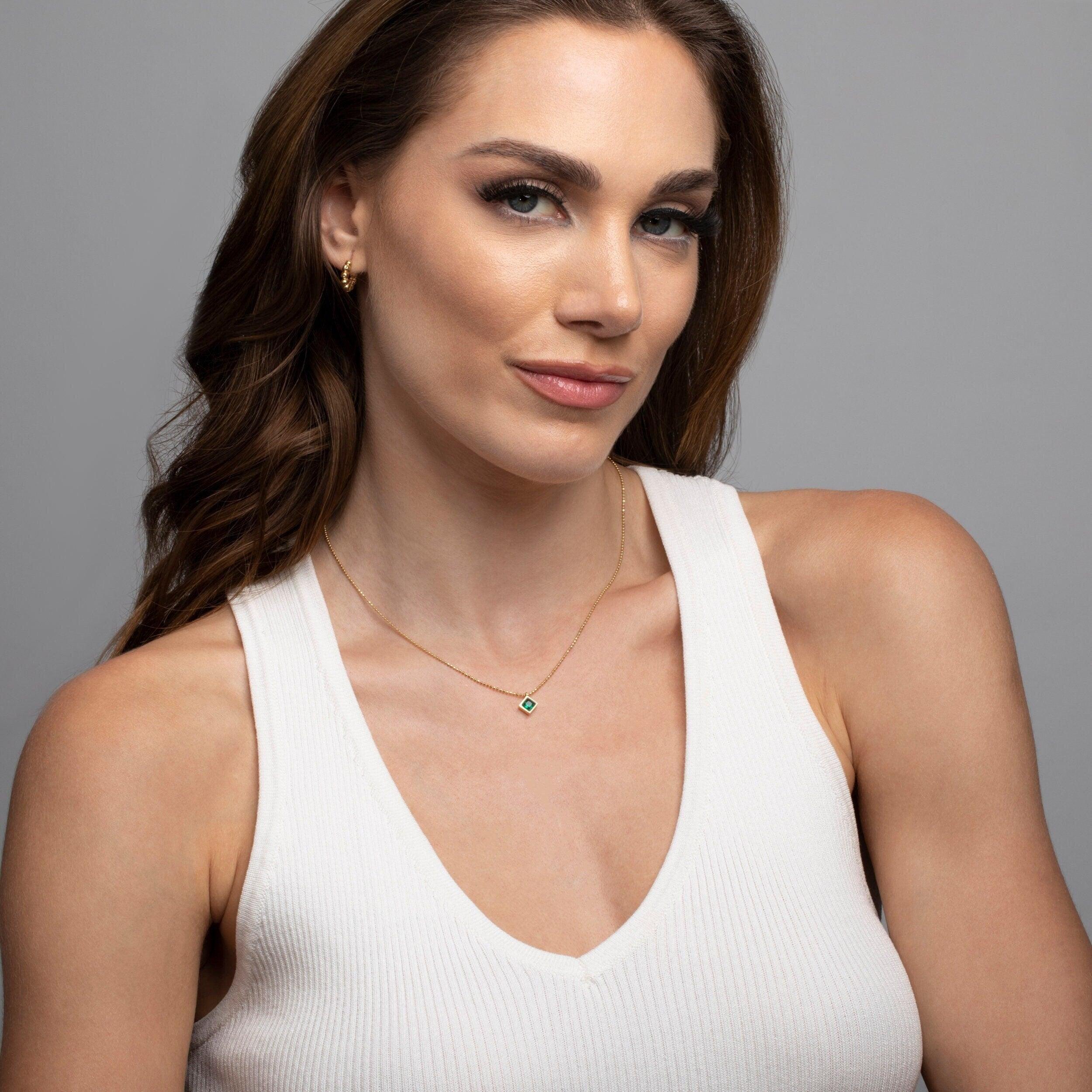 14K Solid Gold Emerald Necklace - 18K Gold Vermeil - Glamour Jewelry House