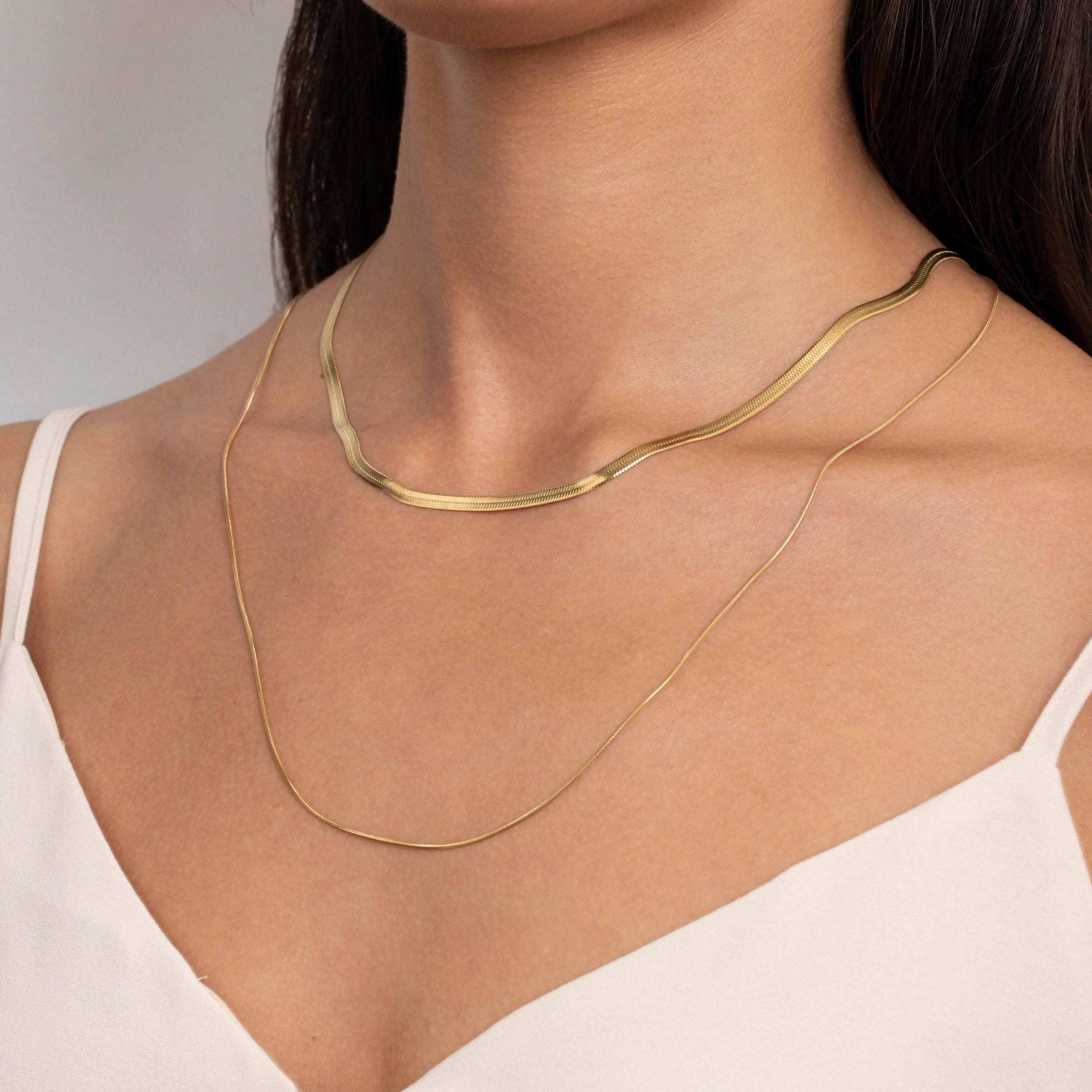 Herringbone Necklace with Slim Layered Chain - Dual Chain - Glamour Jewelry House