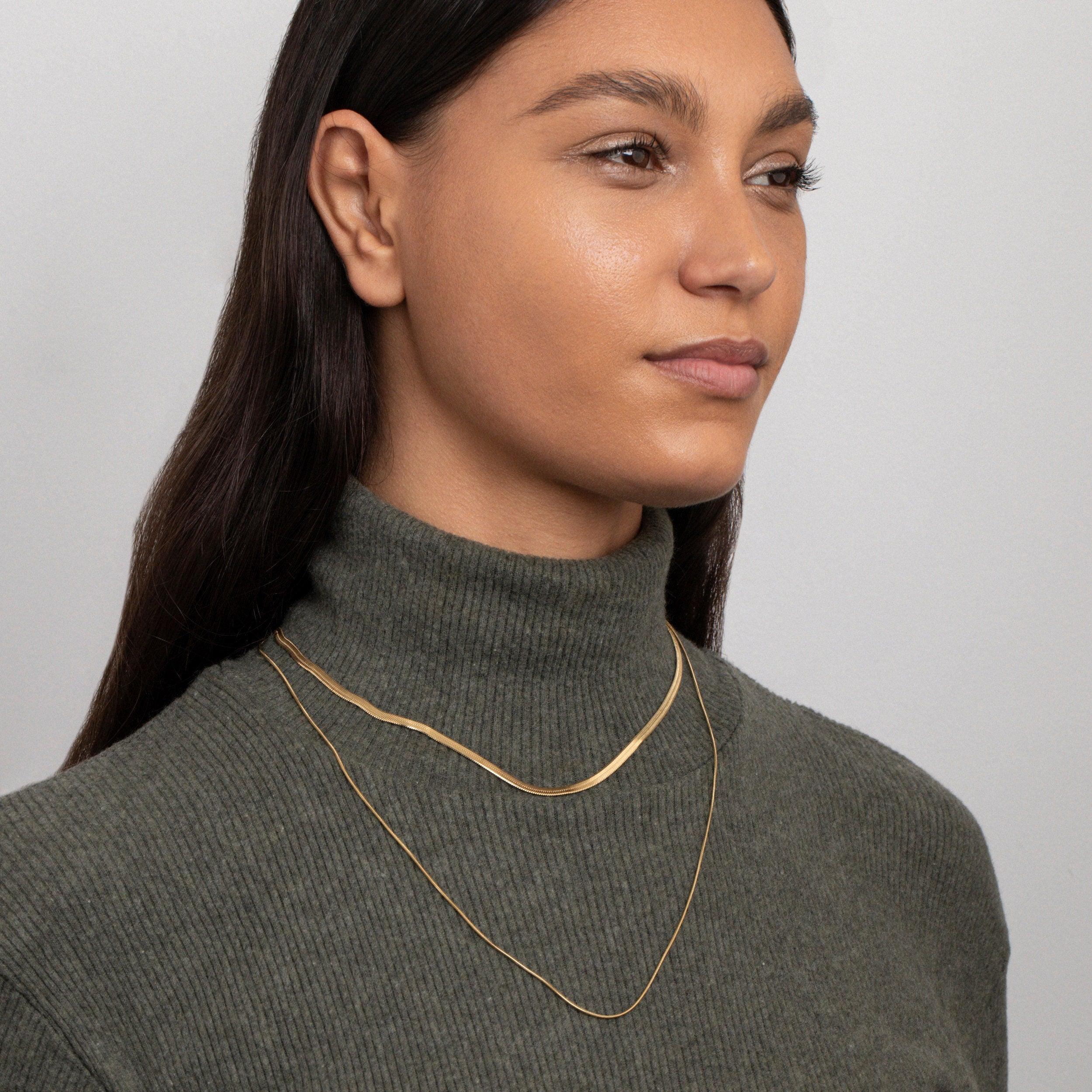 Herringbone Necklace with Slim Layered Chain - Dual Chain - Glamour Jewelry House