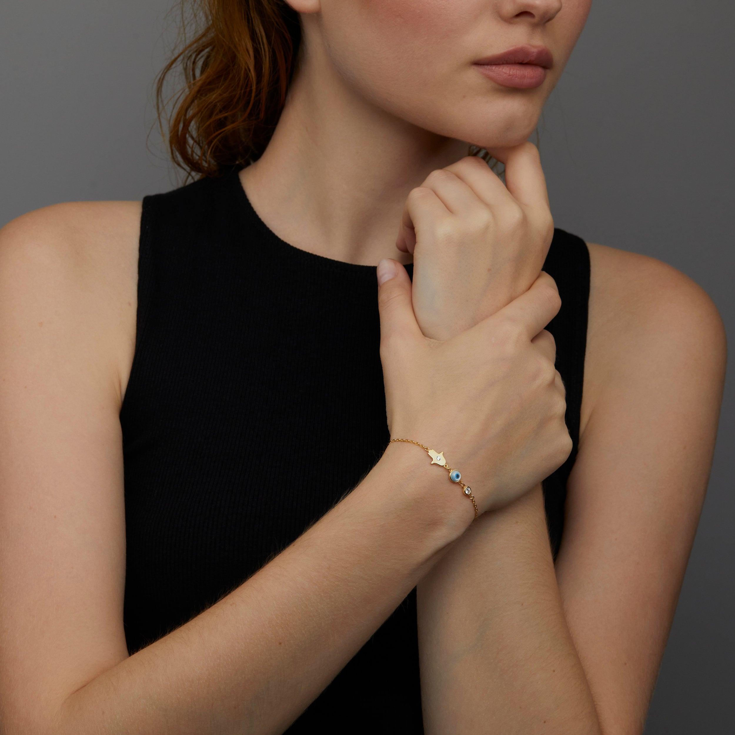Gold Hamsa Hand Evil Eye Bracelet - 18K Gold Vermeil - Glamour Jewelry House