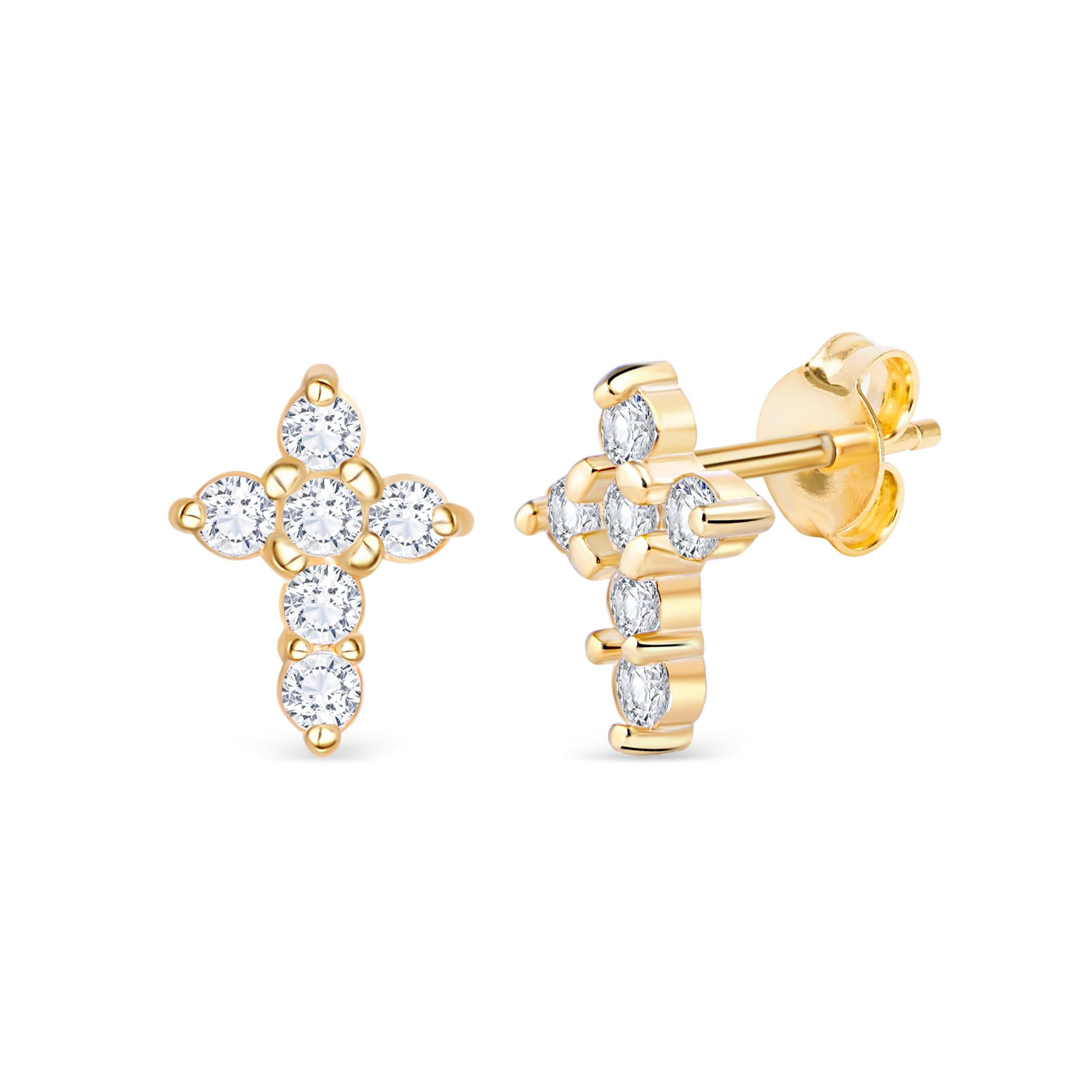 CZ Diamond Cross Stud Earrings - 18K Gold Vermeil - Glamour Jewelry House