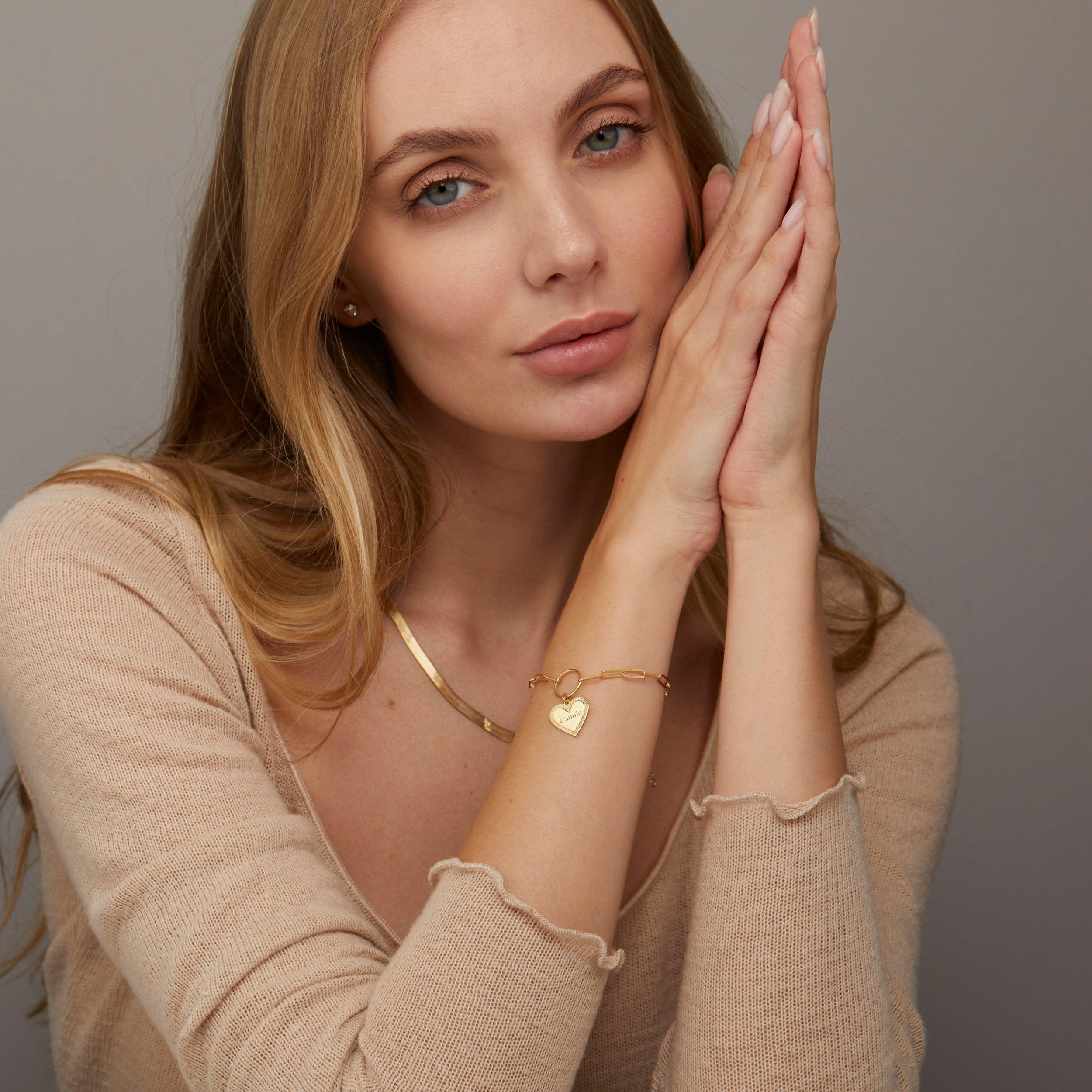 Personalized Name Bracelet with Heart Charm with Paperclip Chain - 18K Gold Vermeil - Glamour Jewelry House