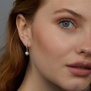 Dangling Pearl Pave Hoop Earrings - 18K Gold Vermeil - Glamour Jewelry House