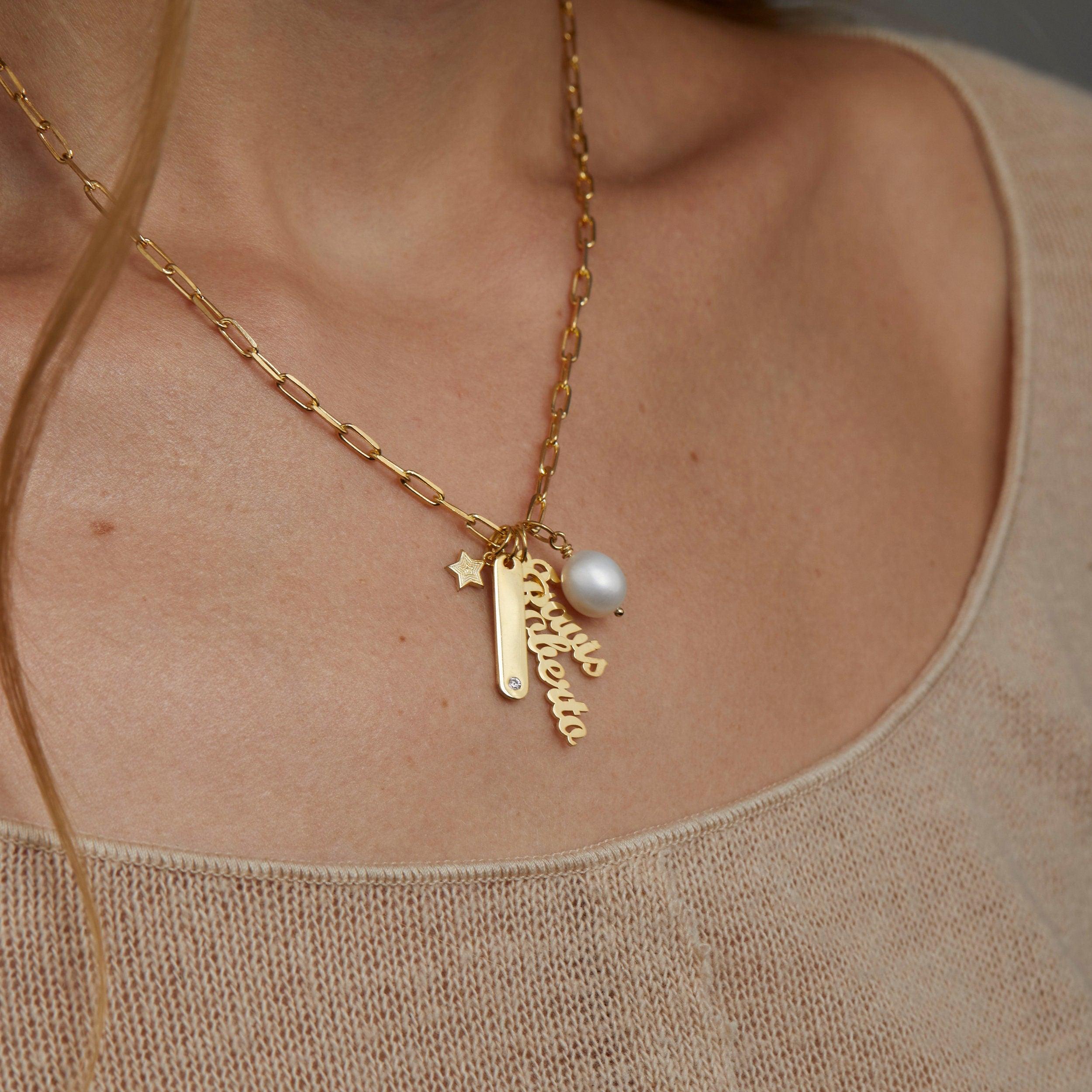 Personalized Name Necklace with Charms and Pearl - 18K Gold Vermeil - Glamour Jewelry House