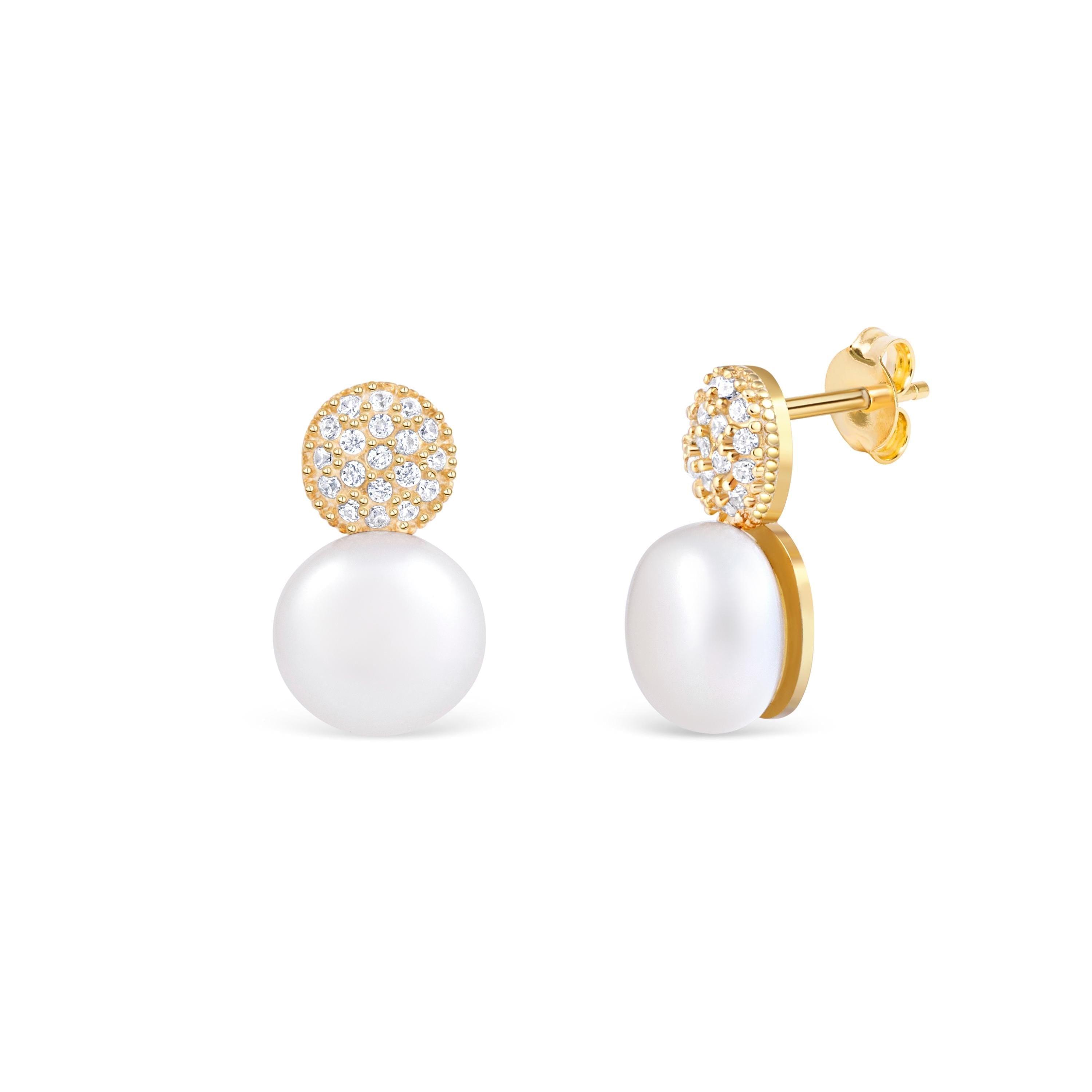 Freshwater Pearl Pave Round Stud Earrings - 18K Gold Vermeil - Glamour Jewelry House