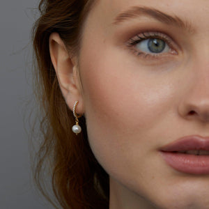 Dangling Pearl Pave Hoop Earrings - 18K Gold Vermeil - Glamour Jewelry House