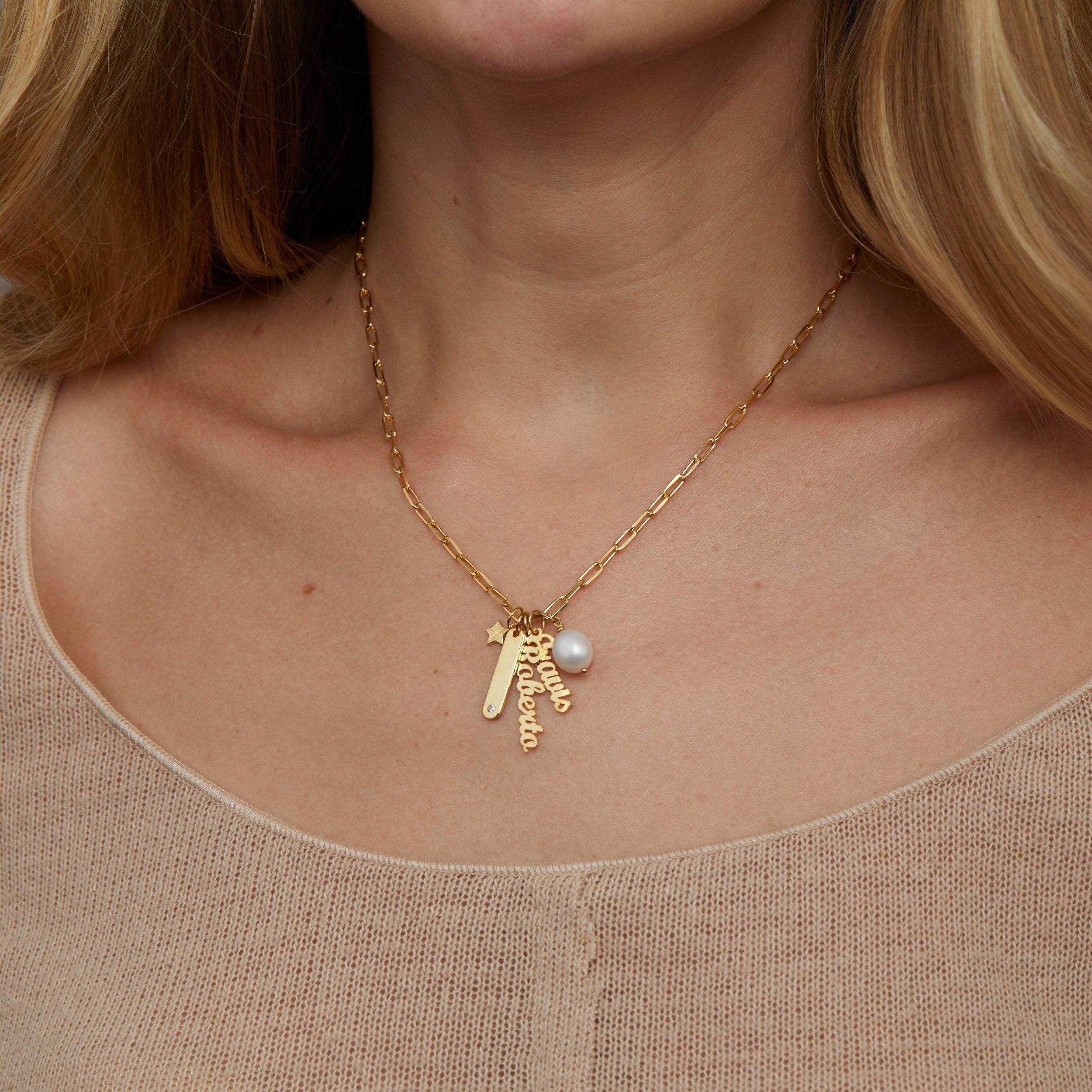 Personalized Name Necklace with Charms and Pearl - 18K Gold Vermeil - Glamour Jewelry House