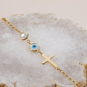 Gold Evil Eye Bracelet with Cross - 18K Gold Vermeil - Glamour Jewelry House