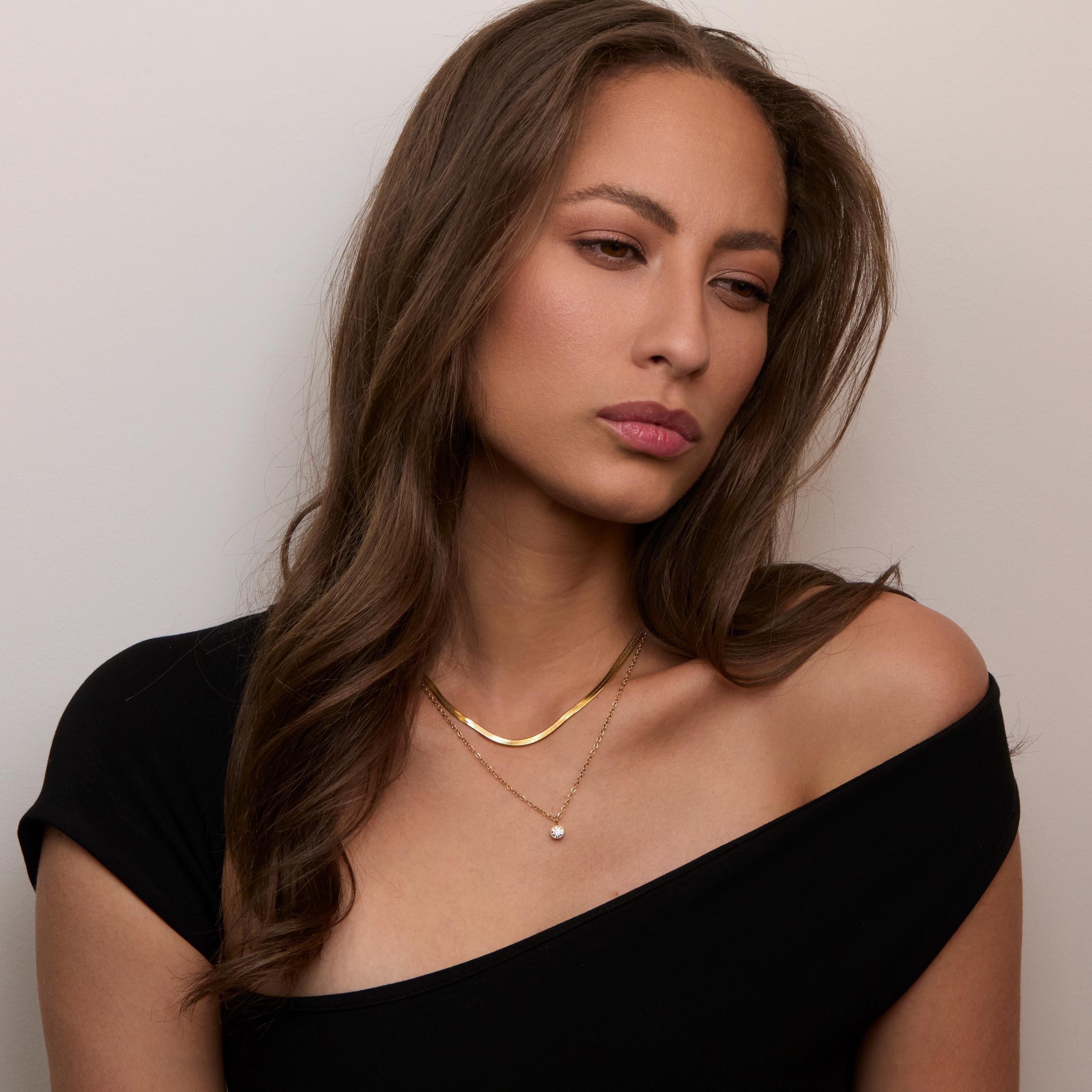 Herringbone Solitaire CZ Diamond Double Necklace - Glamour Jewelry House