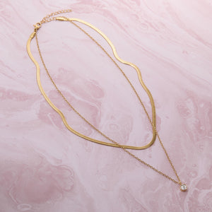 Herringbone Solitaire CZ Diamond Double Necklace - Glamour Jewelry House