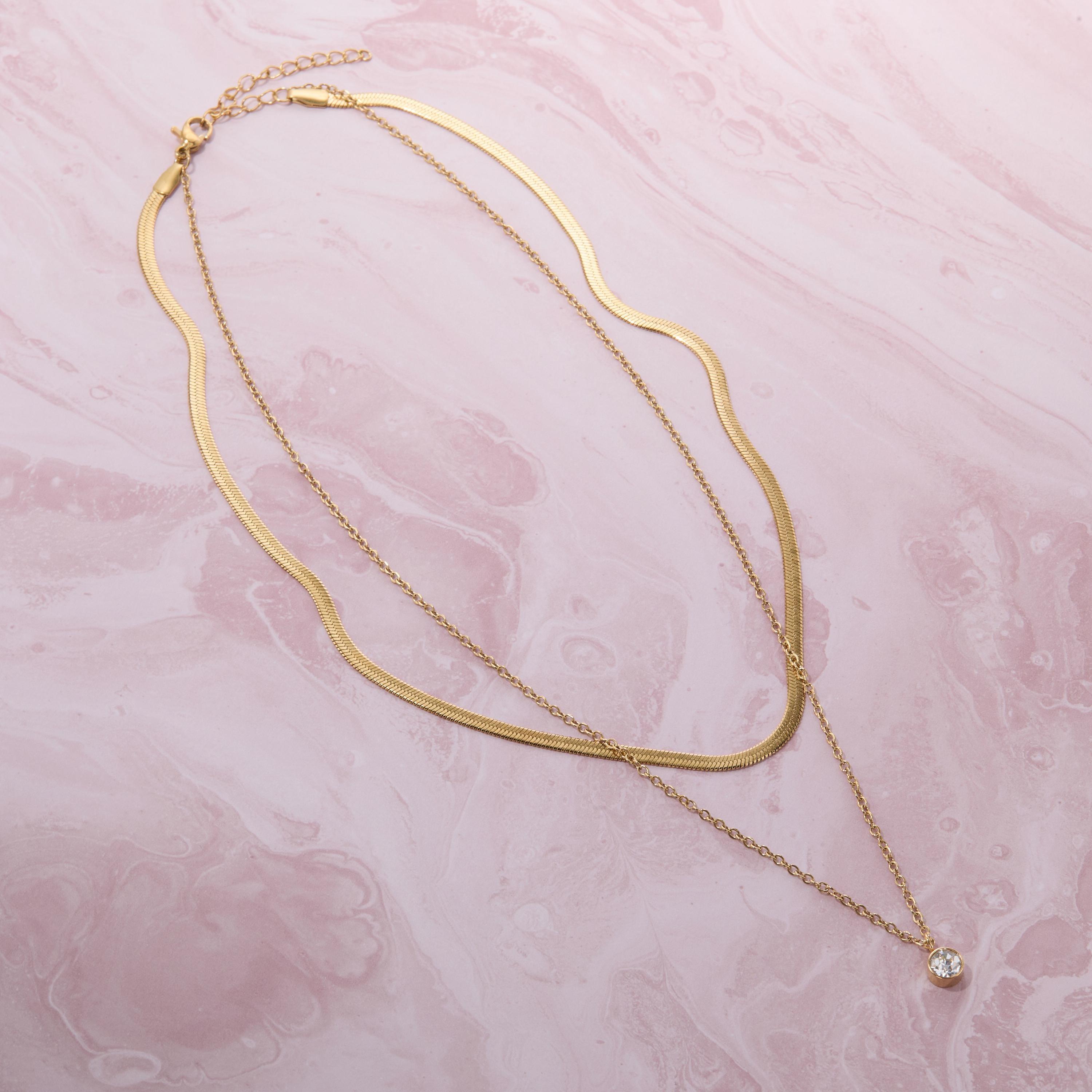 Herringbone Solitaire CZ Diamond Double Necklace - Glamour Jewelry House