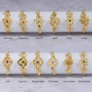 Birth Flower Ring with Birthsone - 18K Gold Vermeil - Glamour Jewelry House