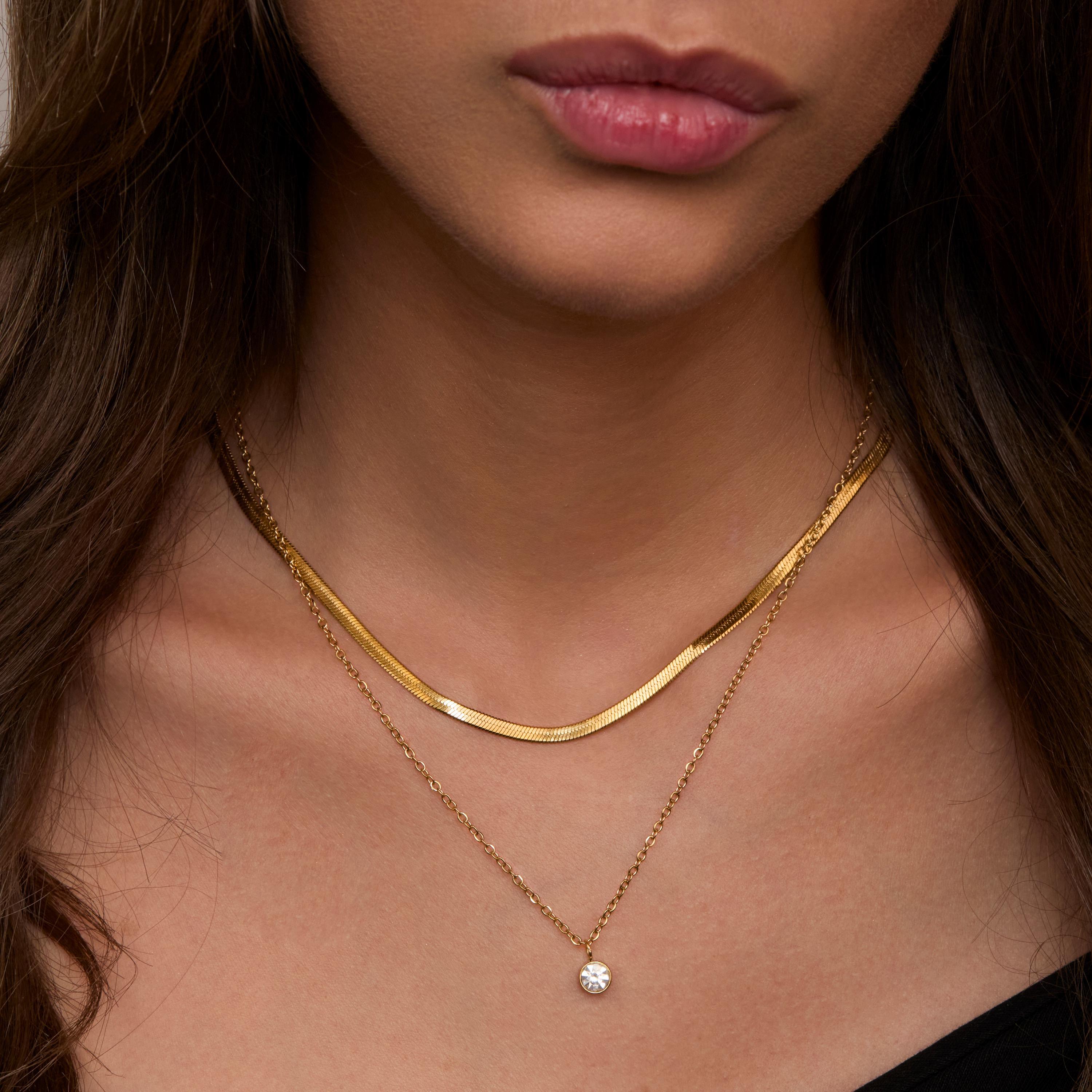 Herringbone Solitaire CZ Diamond Double Necklace - Glamour Jewelry House