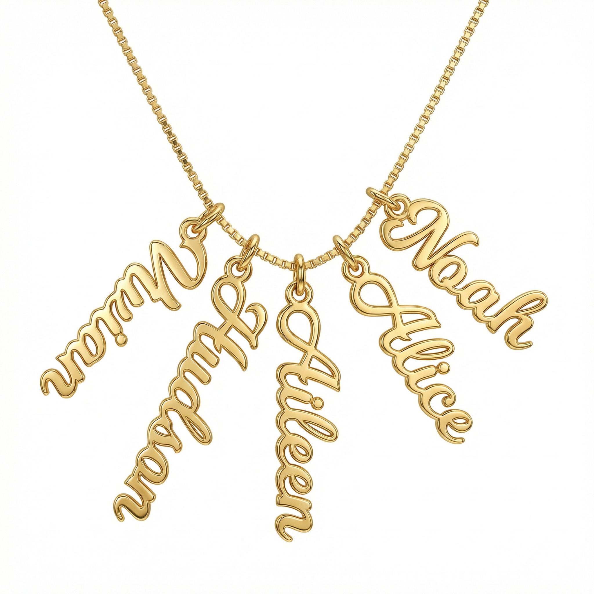 Multiple Vertical Name Necklace in 18K Gold Vermeil. Tarnish-resistant, perfect for daily wear.