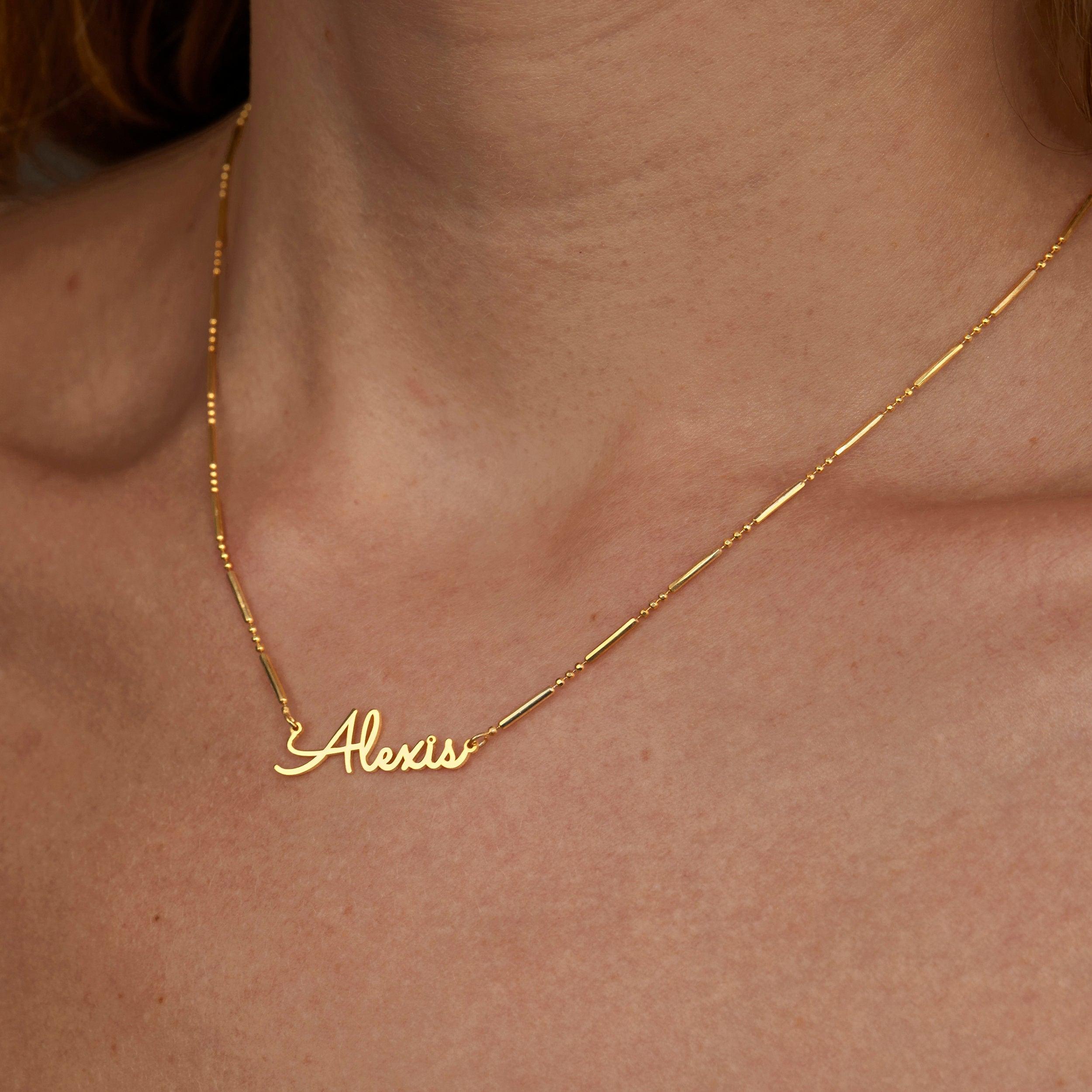 Close detail of the Name Necklace with Italian Chain in 18K Gold Vermeil. Safe for sensitive skin, premium handmade jewelry.