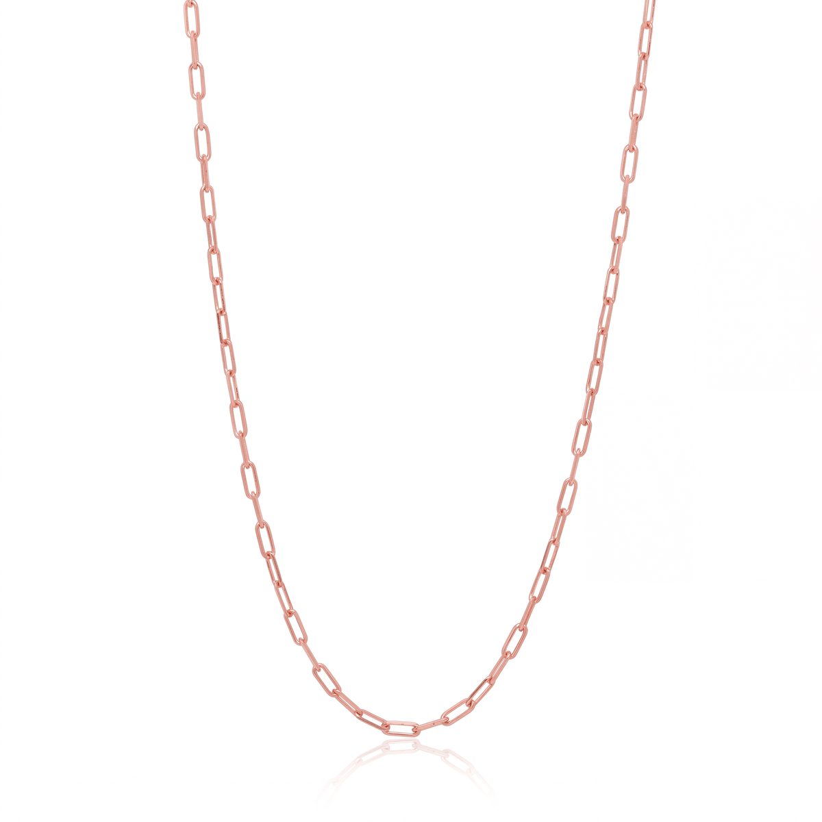 Rose gold paperclip chain necklace, 2.5 mm elongated link chain on white background
