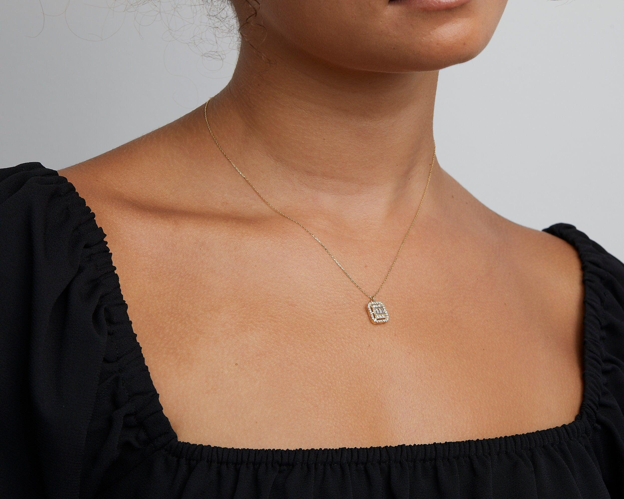 Close detail of the Pavé Baguette Necklace in 18K Gold Vermeil with CZ Diamond. Safe for sensitive skin, premium handmade.