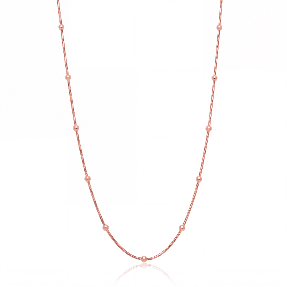 Rose gold satellite chain necklace, 1 mm beaded chain on white background
