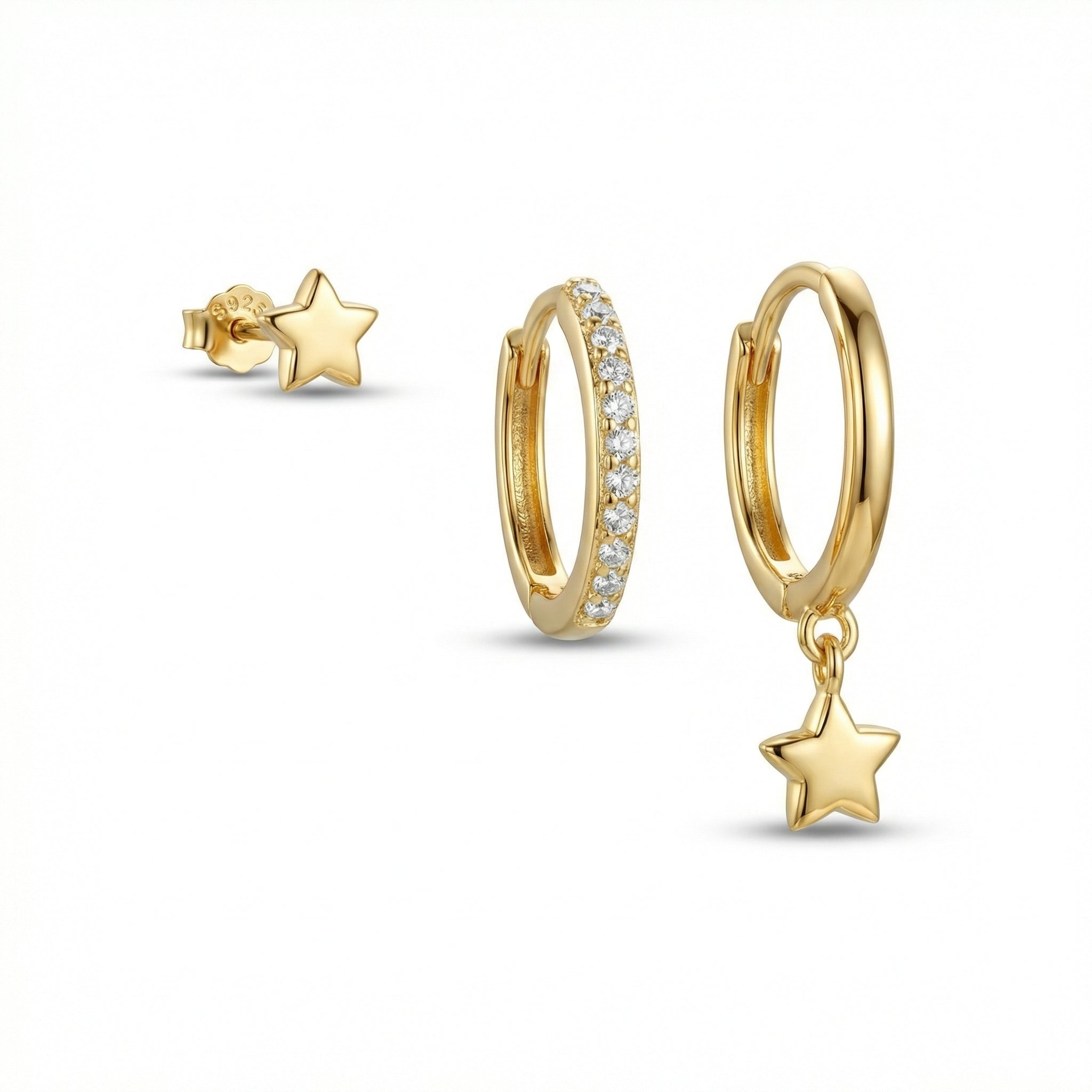 Star Hoops Stud Earring Set in 18K Gold Vermeil. No green marks, perfect for daily wear.