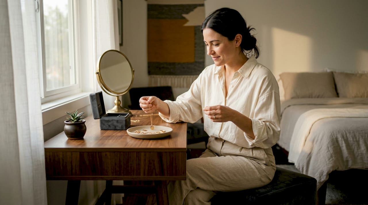 Woman choosing personalized jewelry at home vanity