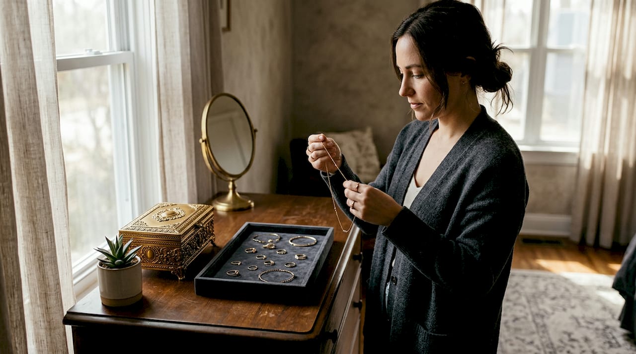 Woman choosing necklace from jewelry tray at home