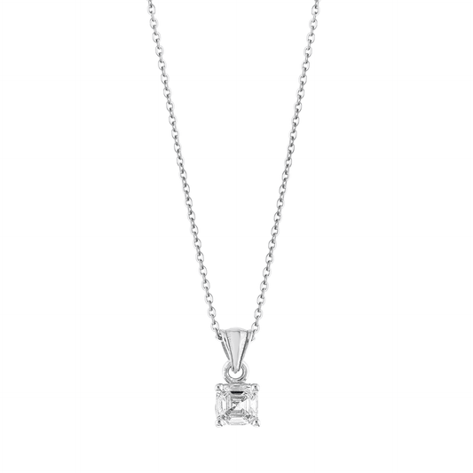 0.24 ct Asscher-cut natural diamond solitaire pendant necklace in 14K solid white gold, front view on white