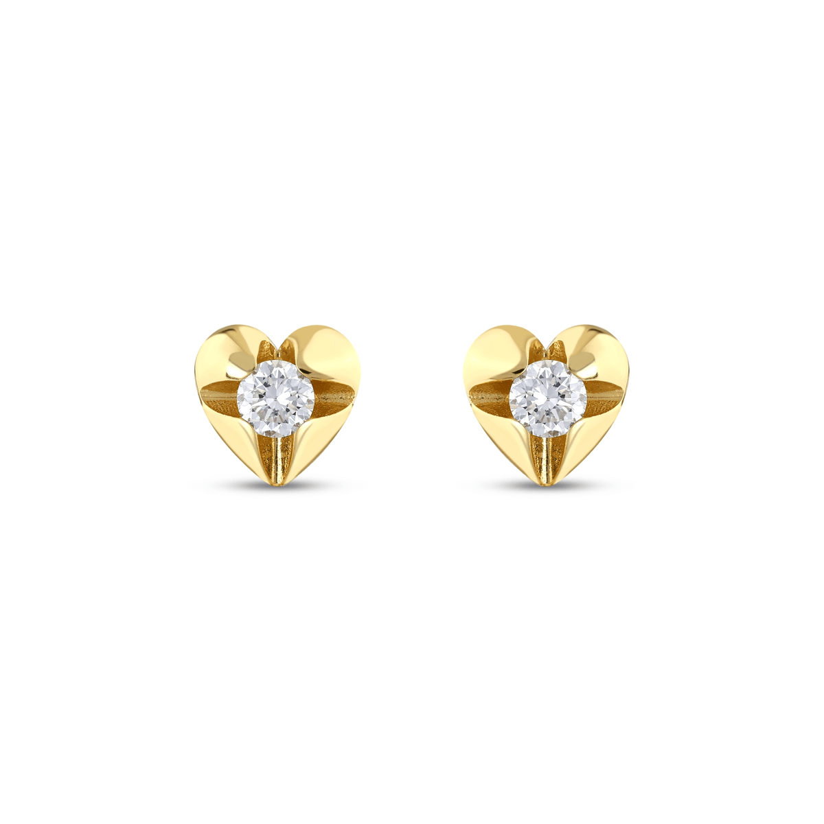 0.34 ct tw natural diamond heart solitaire stud earrings in 14K solid yellow gold, front view of the pair