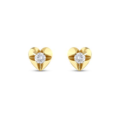 0.34 ct tw natural diamond heart solitaire stud earrings in 14K solid yellow gold, front view of the pair