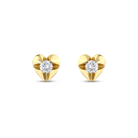 0.34 ct tw natural diamond heart solitaire stud earrings in 14K solid yellow gold, front view of the pair