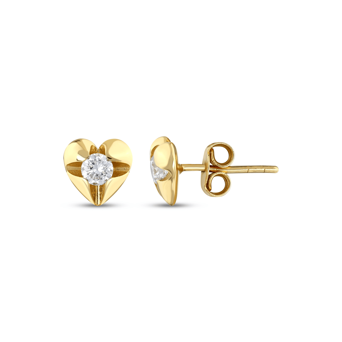 Natural diamond heart stud earring in 14K yellow gold, front and side view with the post and butterfly back