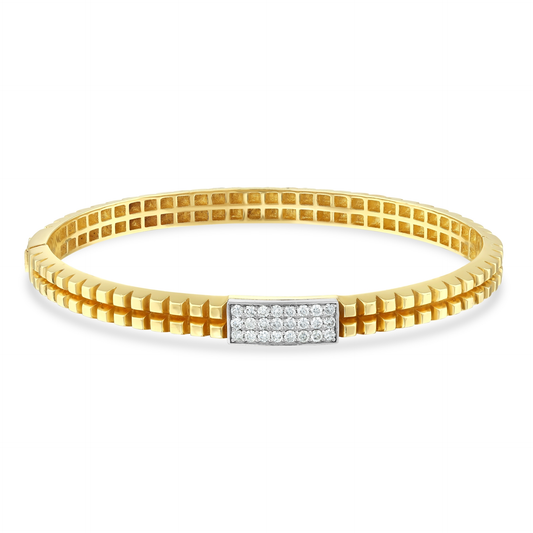 0.39 ct tw natural diamond pavé bar hinged bangle bracelet in 14K solid yellow and white gold, front view