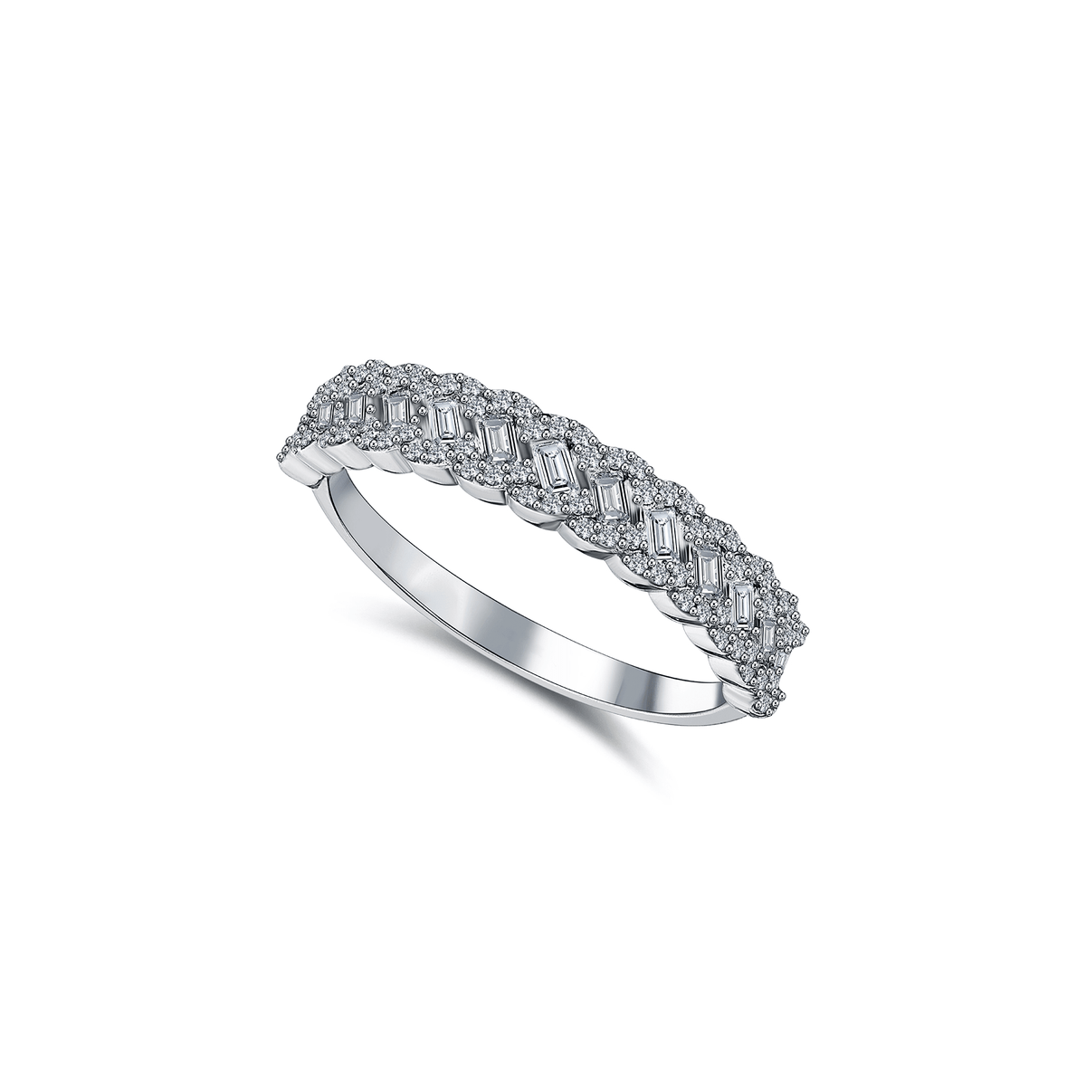 0.44 ct tw natural diamond baguette braided half eternity ring in 14K white gold, three-quarter view on white