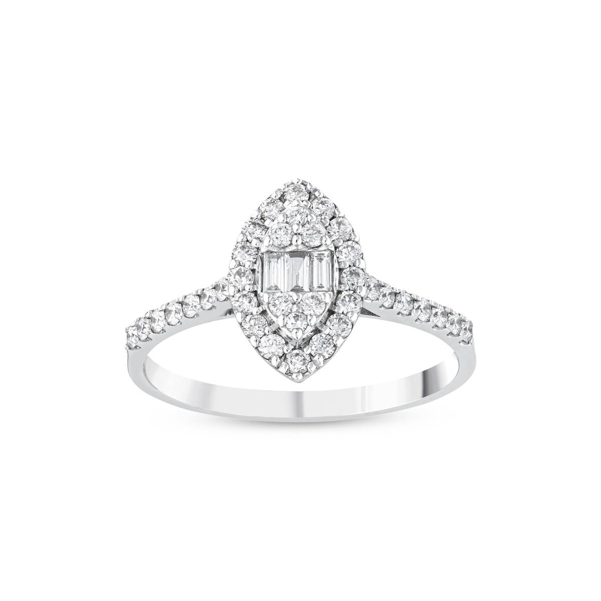 0.48 ct tw natural diamond marquise-shaped baguette halo ring in 14K white gold, front view on white