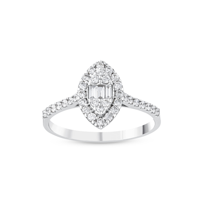 0.48 ct tw natural diamond marquise-shaped baguette halo ring in 14K white gold, front view on white