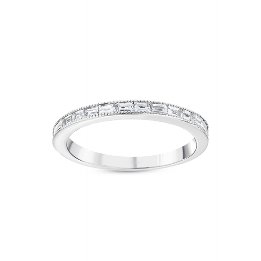 0.51 ct tw natural diamond baguette channel half eternity ring in 14K white gold, front view on white